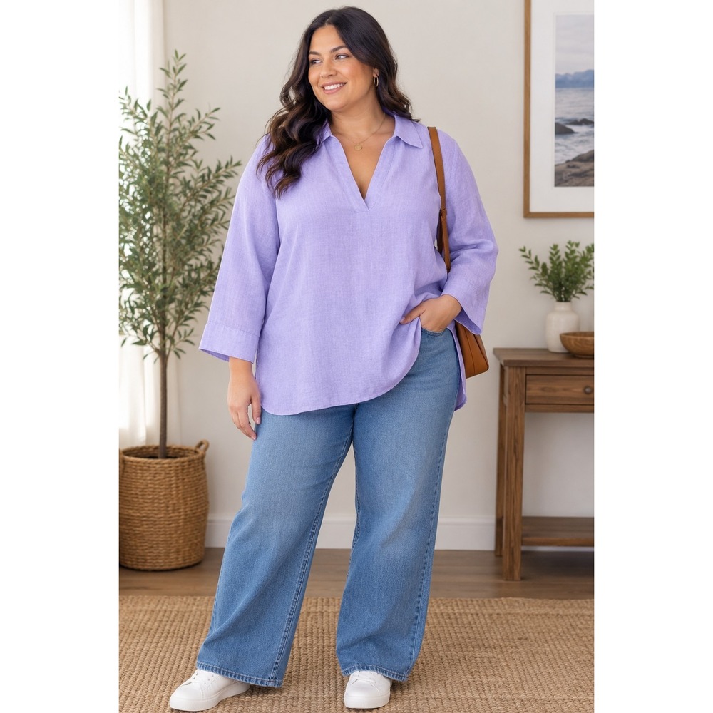 Sigrid Olsen 100% Linen Coastal Tunic Top 2X Lagenlook Purple V Neck Minimalist